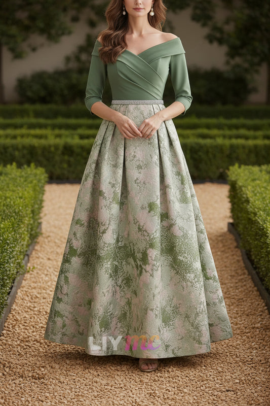 A-Line/Princess Off-the-Shoulder Mother of the Bride Dresses Satin 3/4 Sleeves Ankle-Length Floral Sash