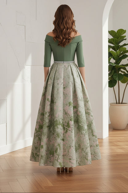 A-Line/Princess Off-the-Shoulder Mother of the Bride Dresses Satin 3/4 Sleeves Ankle-Length Floral Sash