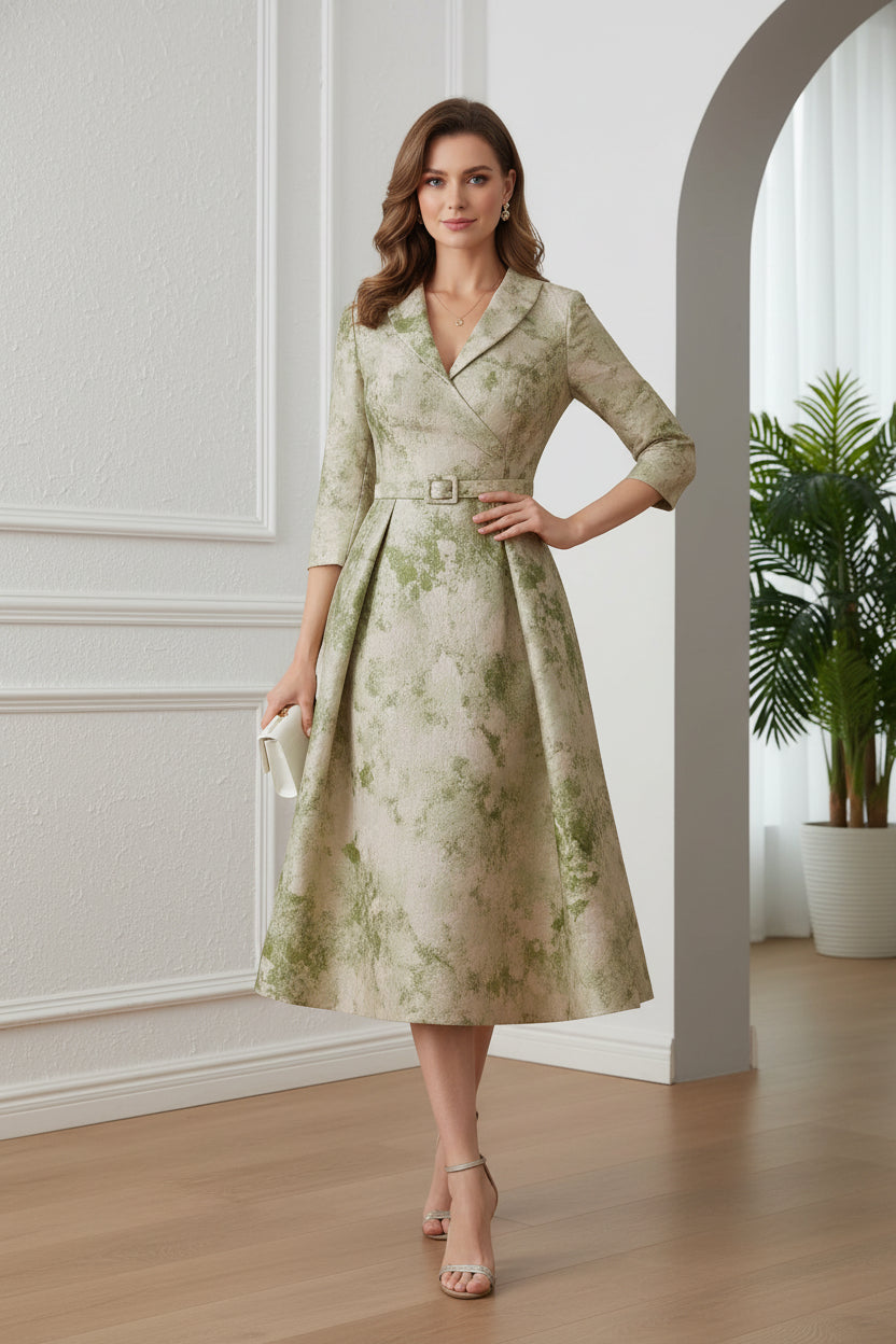 A-Line/Princess V-Neck Satin Mother of the Bride Dresses 3/4 Sleeves Tea-Length Floral Belt