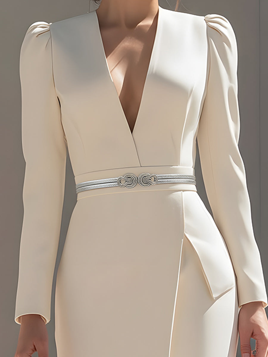 White Belted Tailored Dress With Deep V-Neck