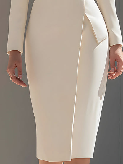 White Belted Tailored Dress With Deep V-Neck