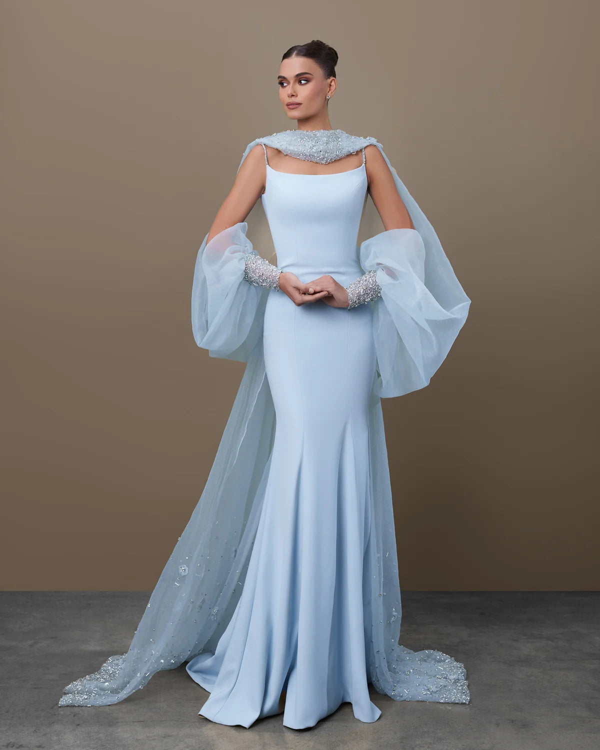 Dreamy Light Blue Satin with Sheer Cape Sleeves Evening Dress