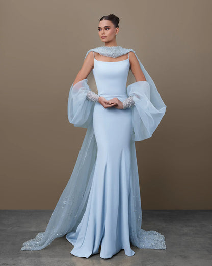Dreamy Light Blue Satin with Sheer Cape Sleeves Evening Dress