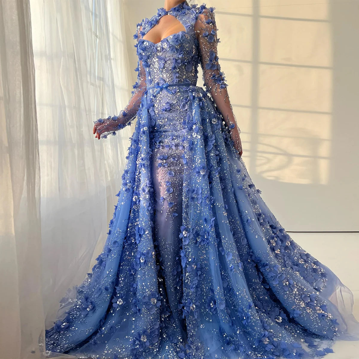 Elegant Royal Blue Floral Beaded Evening Dress with Skirt