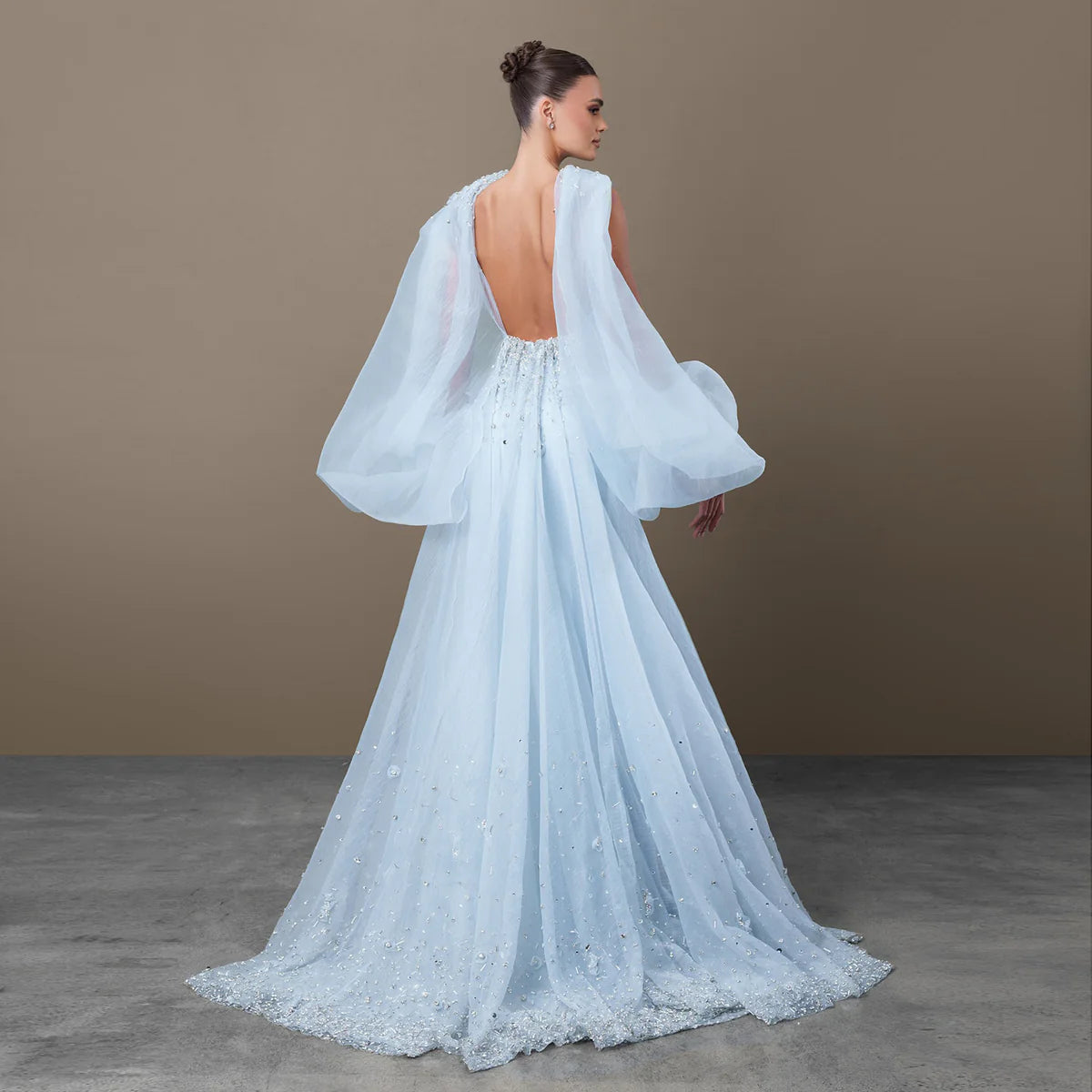 Dreamy Light Blue Satin with Sheer Cape Sleeves Evening Dress