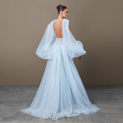 Dreamy Light Blue Satin with Sheer Cape Sleeves Evening Dress