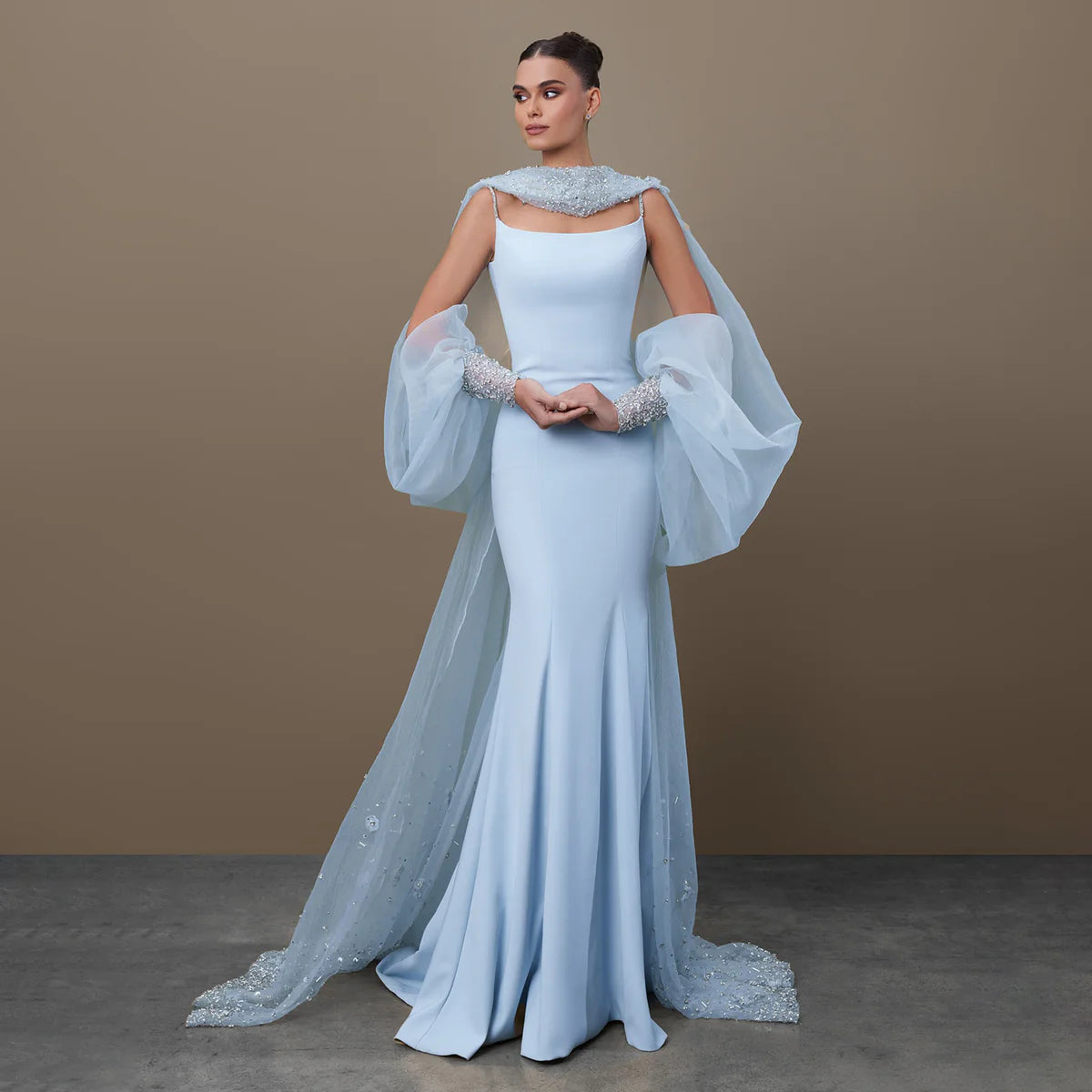 Dreamy Light Blue Satin with Sheer Cape Sleeves Evening Dress
