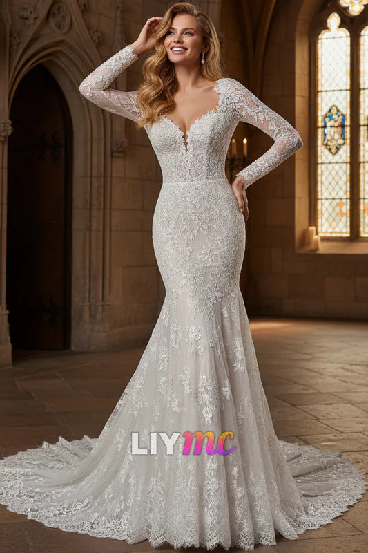 Sweetheart Long Sleeves Lace Appliques Mermaid Wedding Dress