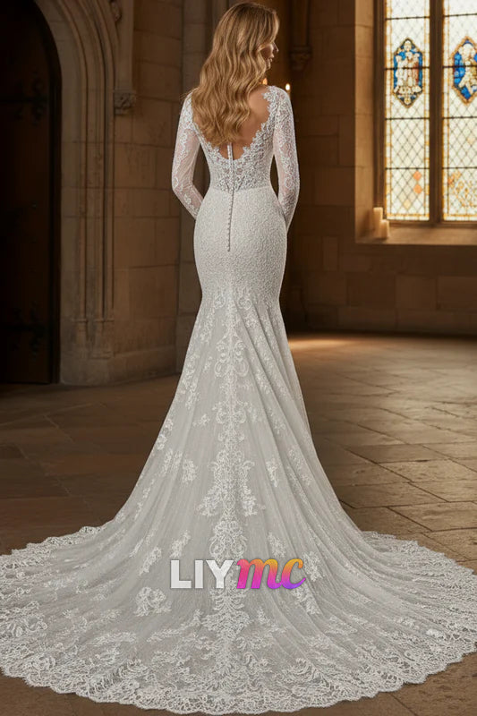 Sweetheart Long Sleeves Lace Appliques Mermaid Wedding Dress