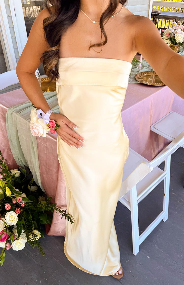 Straight Across Yellow Maxi Prom Dress
