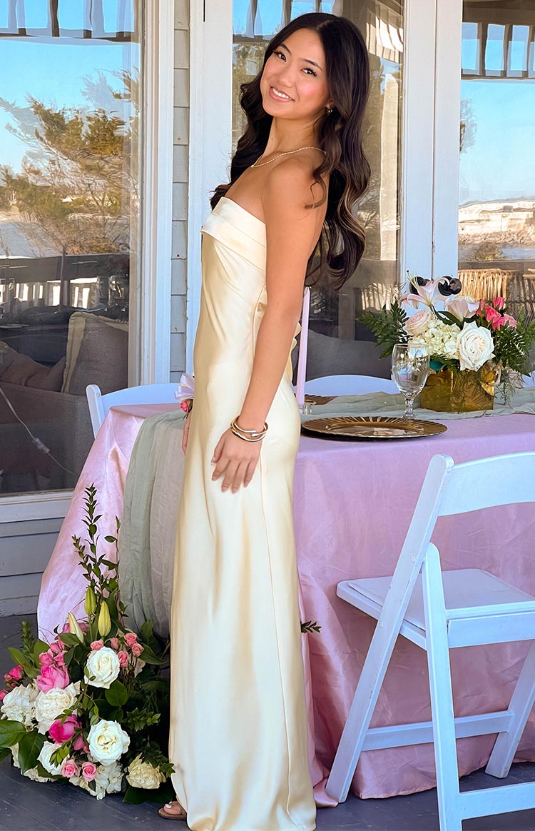 Straight Across Yellow Maxi Prom Dress