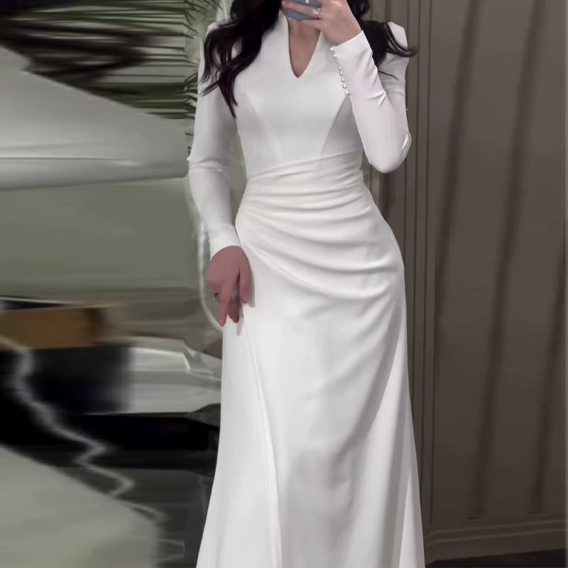 V-Neck Long Sleeves Pleated A-Line Wedding Dress