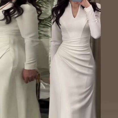 V-Neck Long Sleeves Pleated A-Line Wedding Dress
