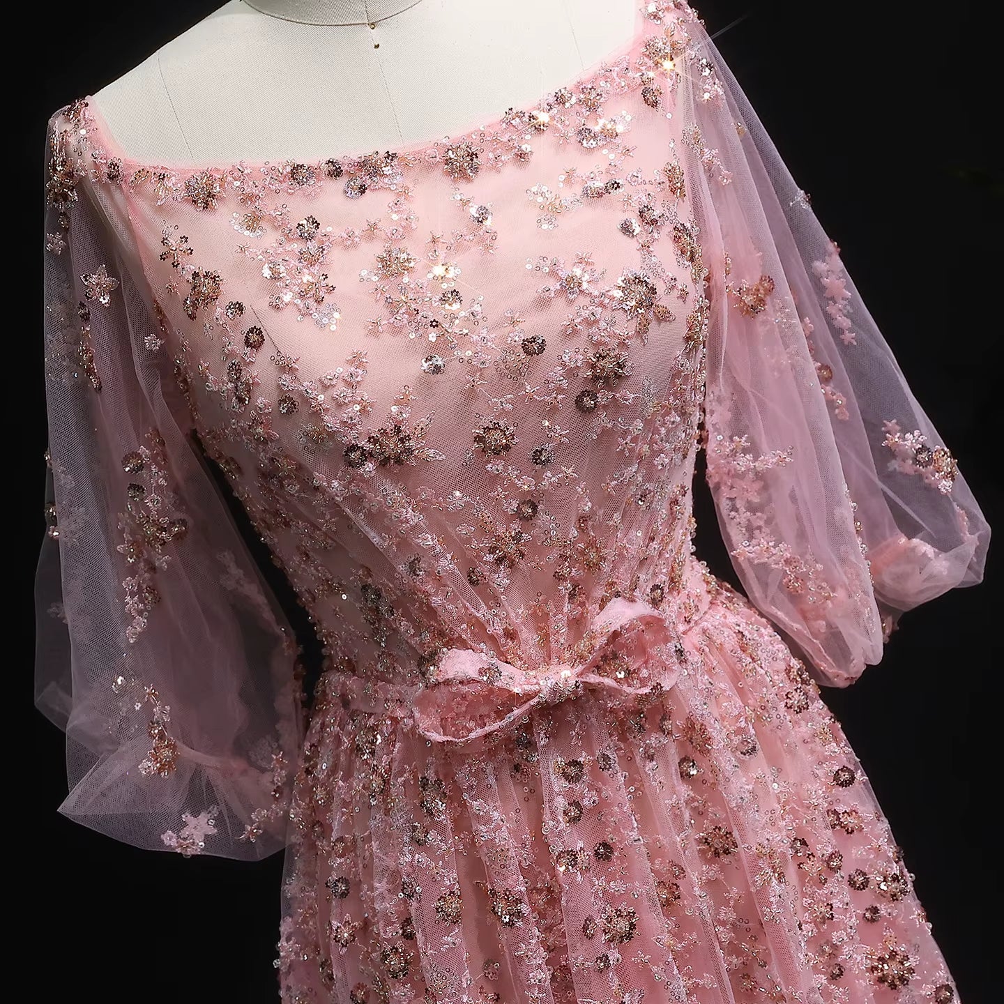 Luxury Pink Sequin Beaded Evening Gown with Elegant Bow