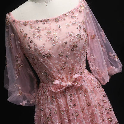 Luxury Pink Sequin Beaded Evening Gown with Elegant Bow