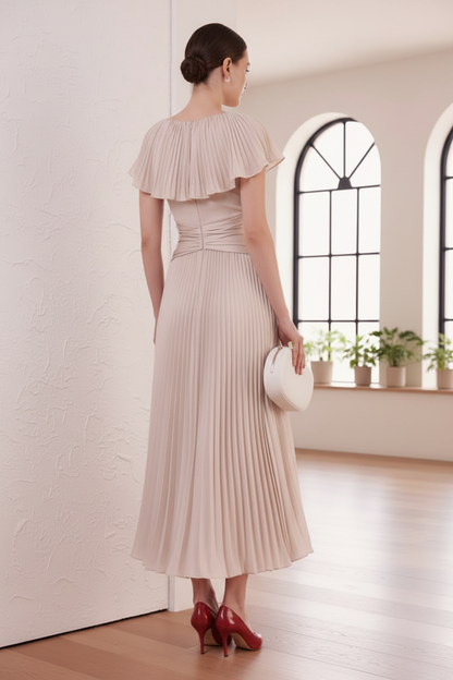 Scoop Short  Sleeves Pleated A-Line Mother of Bride Dress