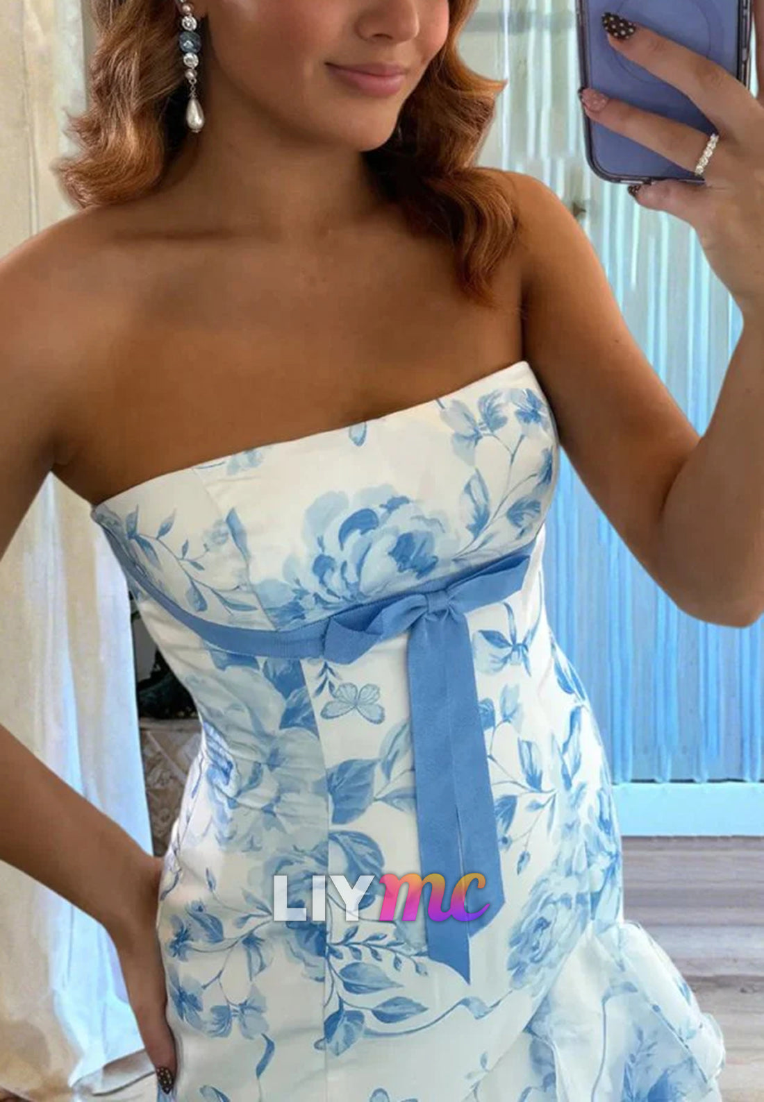 Sheath Strapless Chiffon Ruffled Prom Dresses With Bow