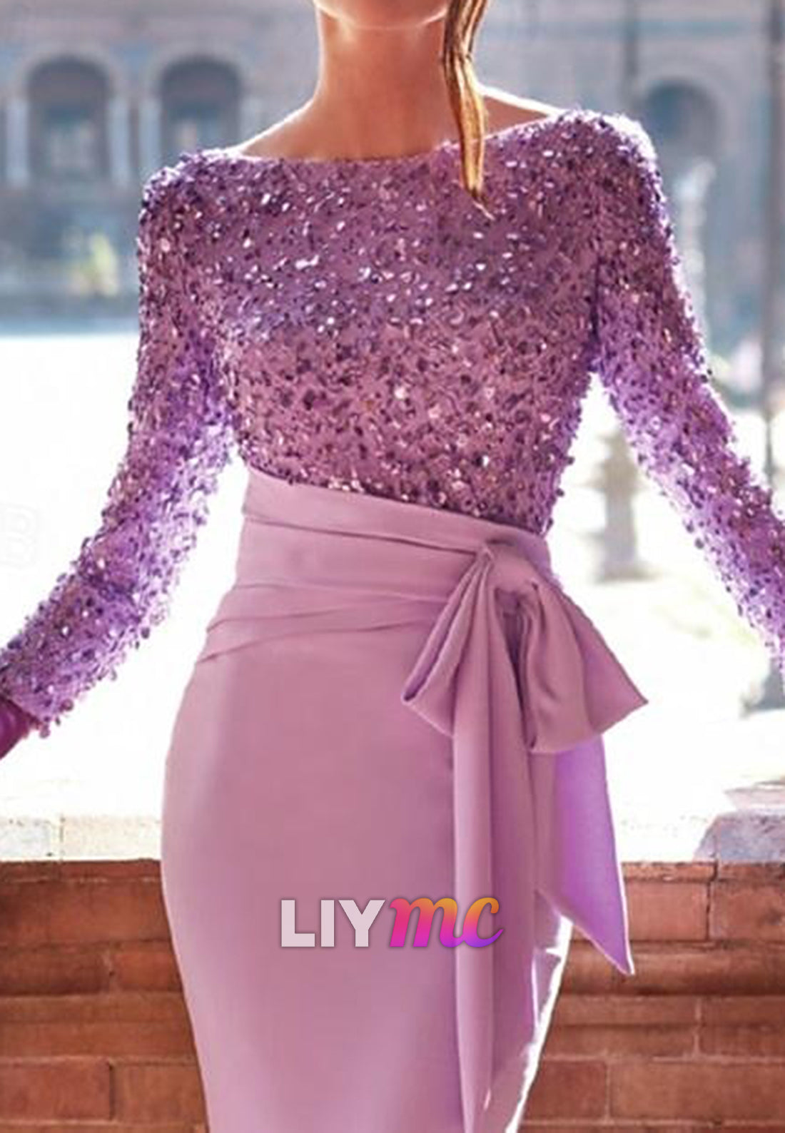 Mermaid Sequin Evening Gown Elegant Dress Formal Wedding Reception Floor Length Long Sleeve Jewel Neck with Bow