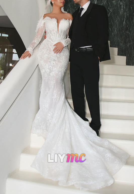 Mermaid V-Neck Long Sleeves Appliques Lace Wedding Dress