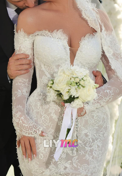 Mermaid V-Neck Long Sleeves Appliques Lace Wedding Dress