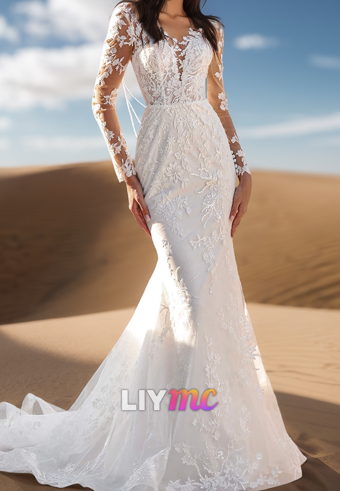 Mermaid V-Neck Long Sleeves Floral Appliques Wedding Dress