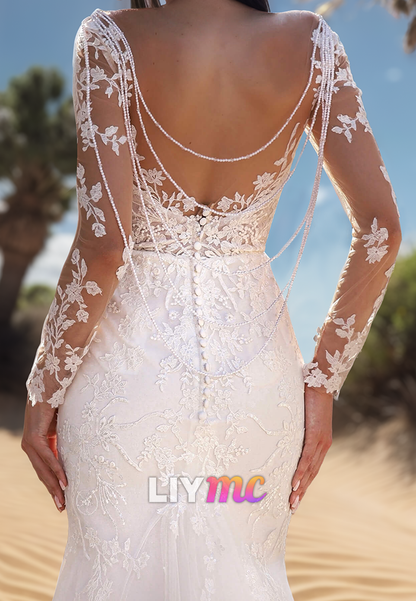 Mermaid V-Neck Long Sleeves Floral Appliques Wedding Dress