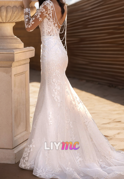 Mermaid V-Neck Long Sleeves Floral Appliques Wedding Dress