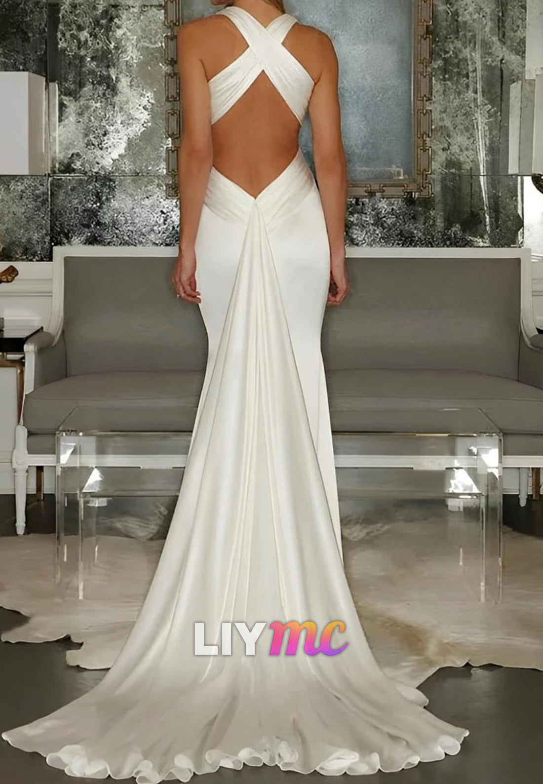 Mermaid V-Neck Sleeveless Sweep Train Silk Like Satin Wedding Dresses