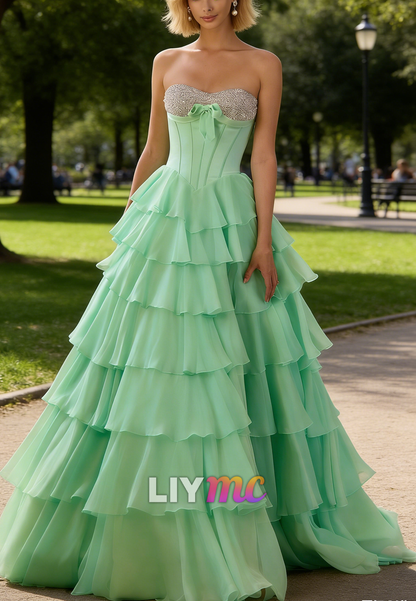 Mint Green Chiffon Tiered Beaded A-Line Prom Dress