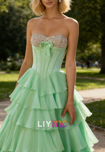 Mint Green Chiffon Tiered Beaded A-Line Prom Dress