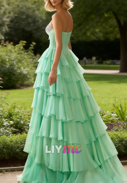 Mint Green Chiffon Tiered Beaded A-Line Prom Dress