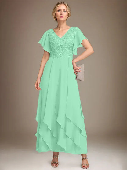 A-line V-Neck Ankle-Length Lace Chiffon Mother of the Bride Dress With Cascading Ruffles