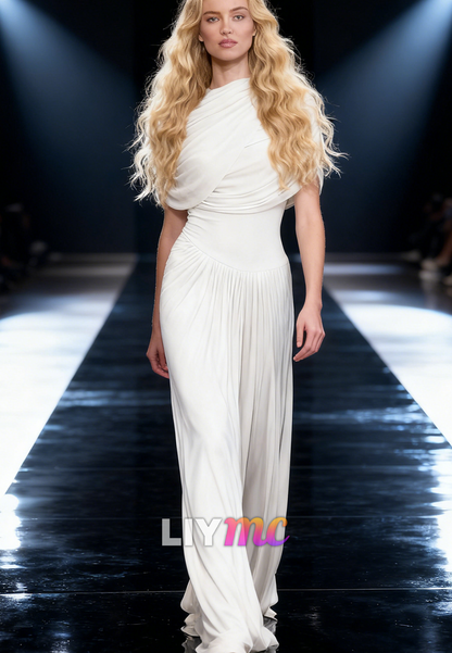 Mock Neck Short Sleeveless Pleated A-Line Formal Dress