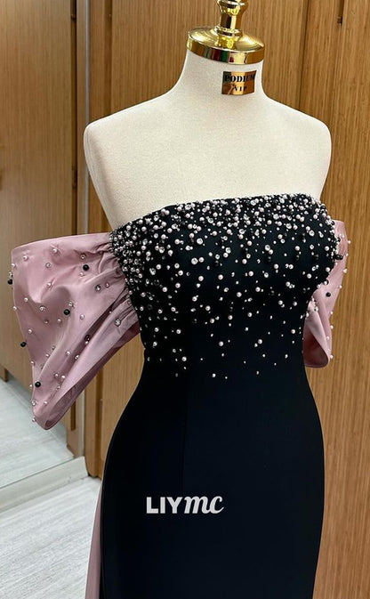 LP1341 - Modern Mermaid Fittted Black Strapless Sleeveless Crystal Long Prom Evening Gown with Pink Bowknot