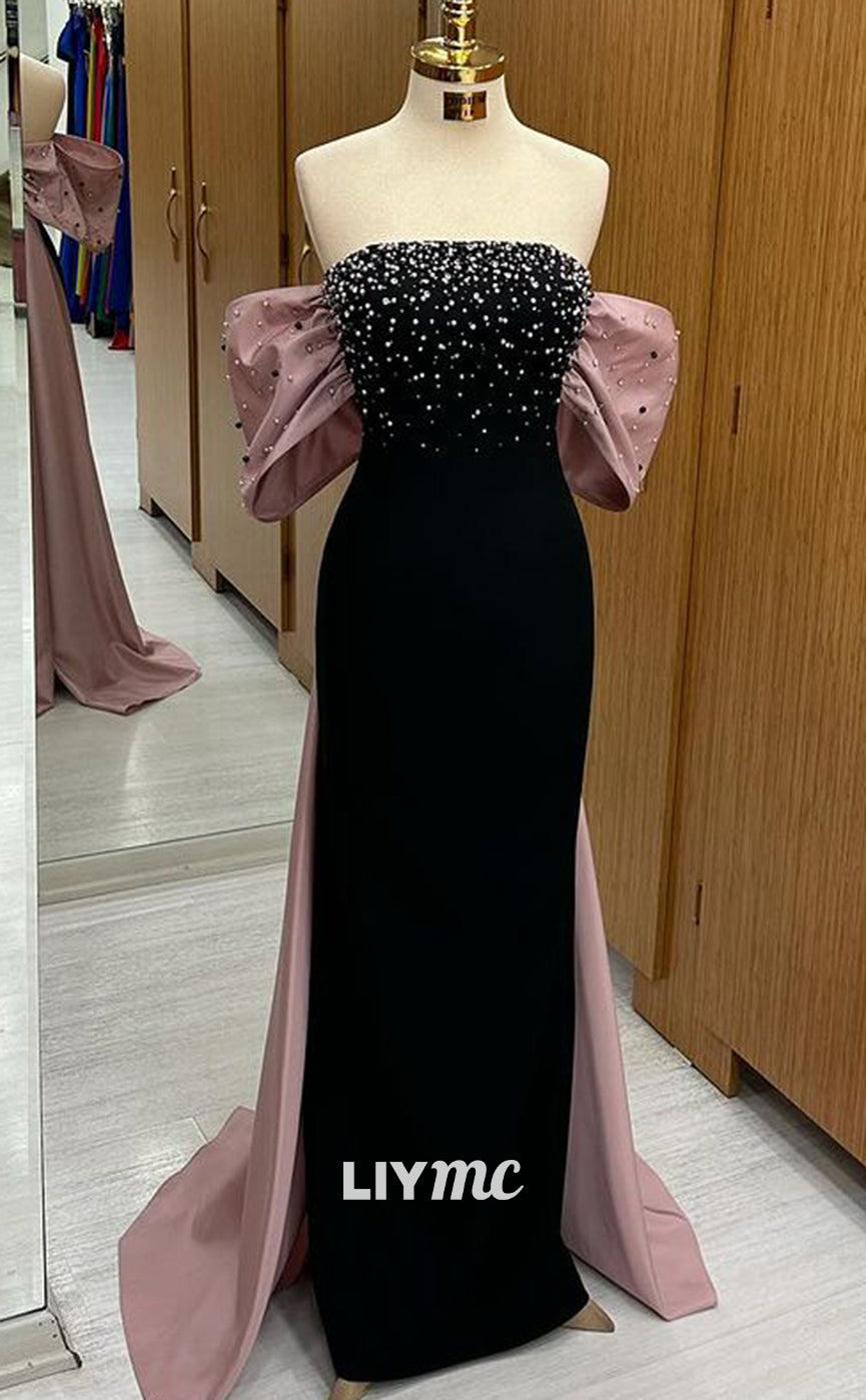 LP1341 - Modern Mermaid Fittted Black Strapless Sleeveless Crystal Long Prom Evening Gown with Pink Bowknot