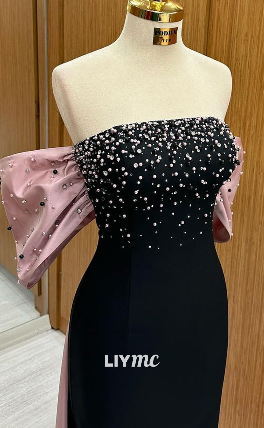 LP1341 - Modern Mermaid Fittted Black Strapless Sleeveless Crystal Long Prom Evening Gown with Pink Bowknot