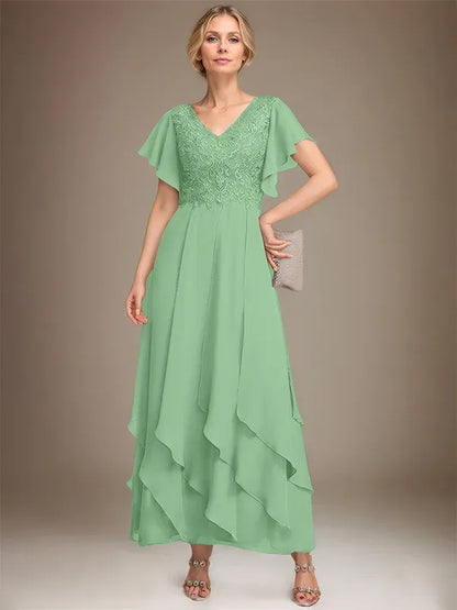 A-line V-Neck Ankle-Length Lace Chiffon Mother of the Bride Dress With Cascading Ruffles