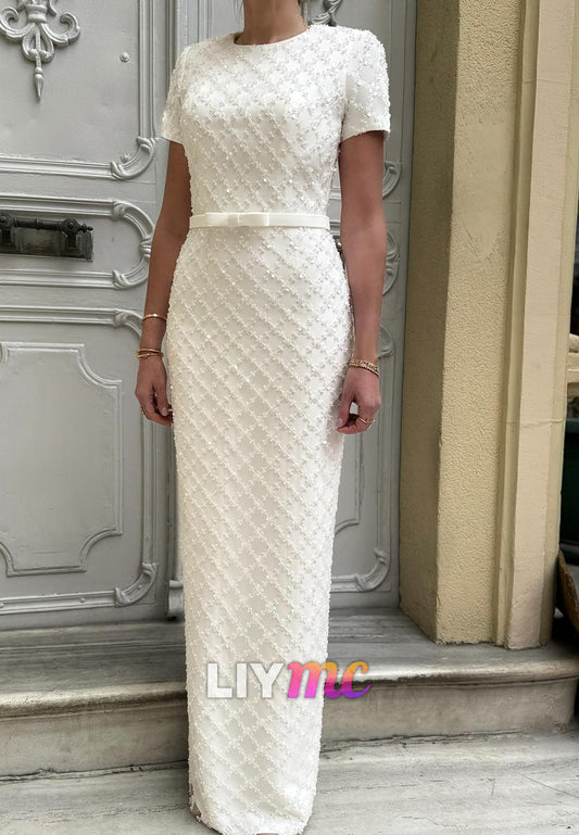 Mother of Bride Dress Scoop Short Sleeves Beaded Embroidery Sheath Evening Dress
