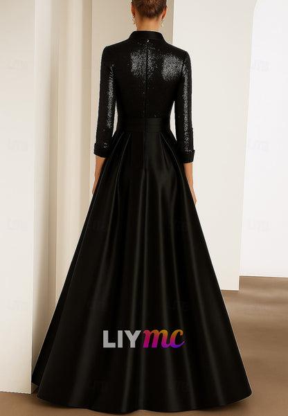 Mother of the Bride A-Line Evening Gown Elegant Dress Formal Wedding Floor Length Long Sleeve Shirt Collar Capes