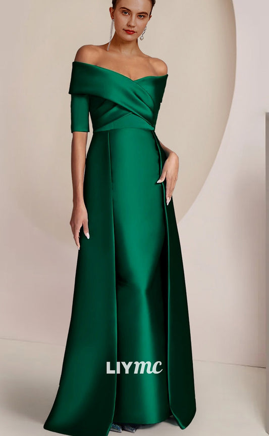 M1044 - Mother of the Bride Dress Formal Wedding Guest Elegant Party Off Shoulder Floor Length Satin Half Sleeve with Ruching