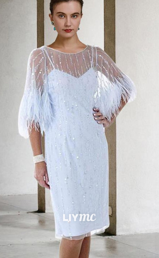 M1083 - Mother of the Bride Dress Shine Jewel Neck Knee Length Stretch Chiffon Half Sleeve with Feather Beading Sequin