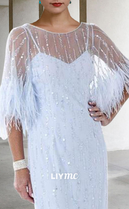 M1083 - Mother of the Bride Dress Shine Jewel Neck Knee Length Stretch Chiffon Half Sleeve with Feather Beading Sequin