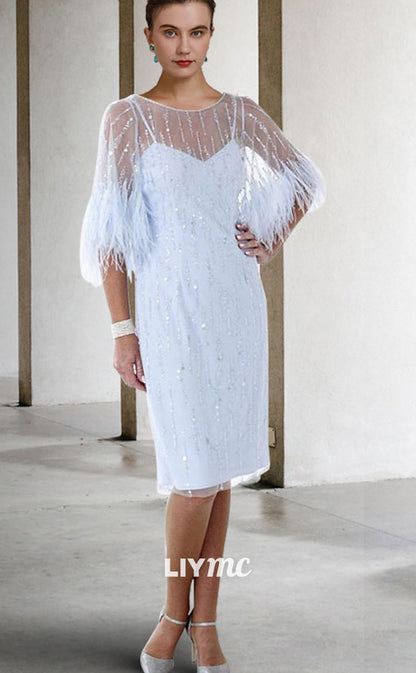 M1083 - Mother of the Bride Dress Shine Jewel Neck Knee Length Stretch Chiffon Half Sleeve with Feather Beading Sequin