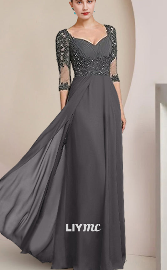 M1090 - Mother of the Bride Dress Square Floor Length Chiffon Lace 34 Length Sleeve with Sequin Appliques Ruching