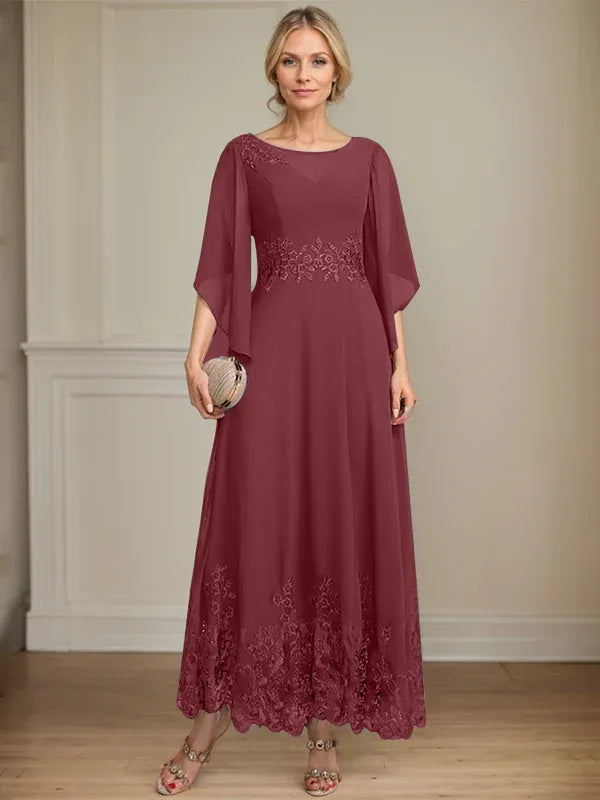 A-line Scoop Illusion Ankle-Length Lace Chiffon Mother of the Bride Dress With Sequins