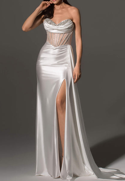 V-Neck Sleeveless Beaded Sheer Sleek Side Slit Sheath Beach Wedding Dress