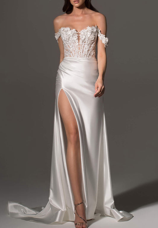 Off-Shoulder Strapless Appliques Sleek Satin Sheath Beach Wedding Dress