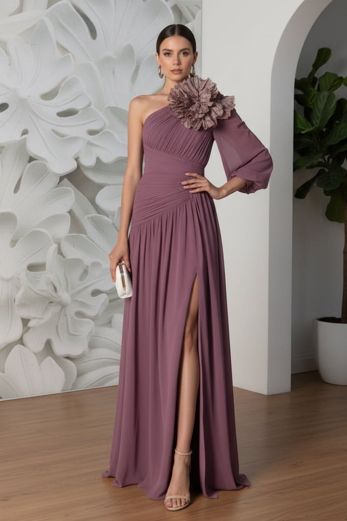 One Shoulder Pleated Floral A-Line Evening Dress