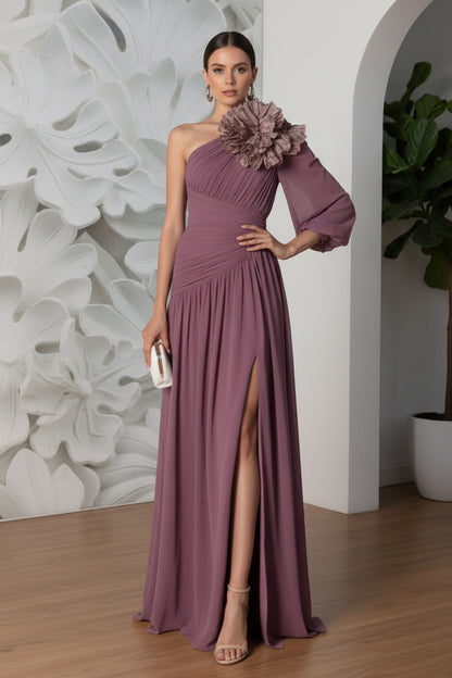 One Shoulder Pleated Floral A-Line Evening Dress