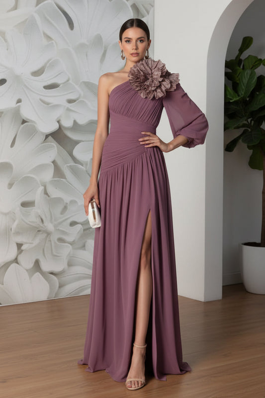 One Shoulder Pleated Floral A-Line Evening Dress